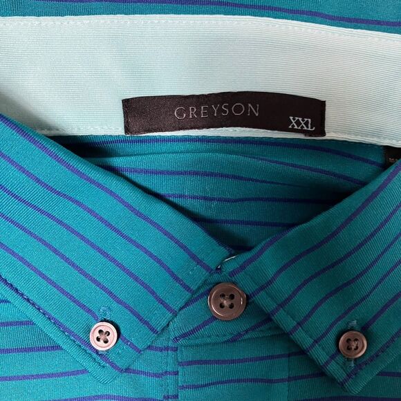 Greyson Polo Mens XXL Green Striped Performance Golf Purple Wolf Logo Collar - Picture 6 of 9